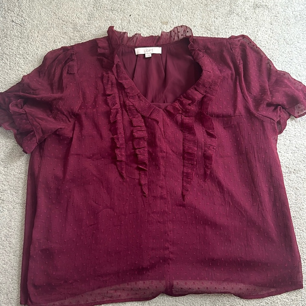 Loft burgandy Swiss dot ruffle top - XL